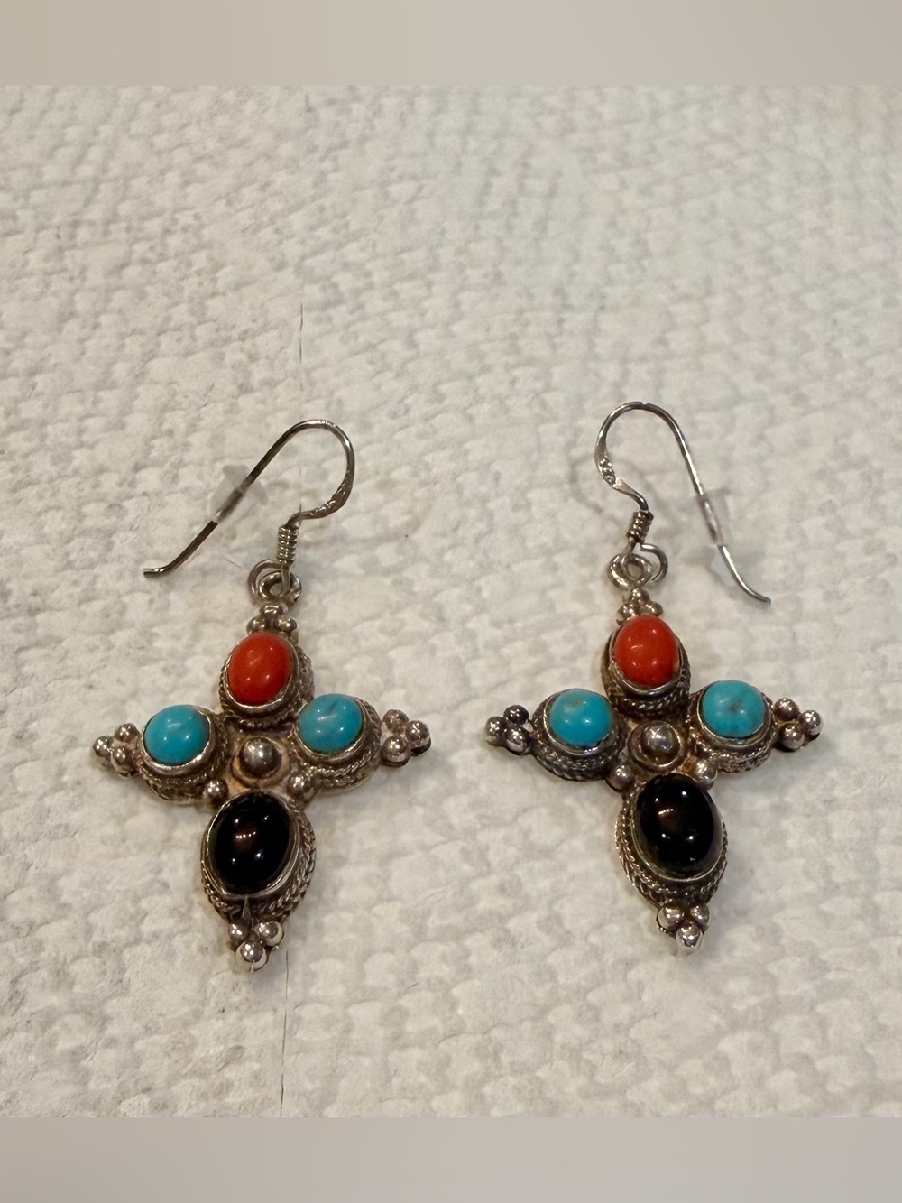 Sterling-.925 Multi-Stone Cross Drop Earrings - Turquoise, Coral & Black